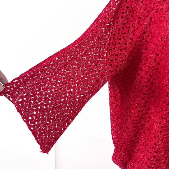 Plus Size Crochet Lace Red Blouse Top, Bell sleeves - Picture 6 of 8